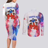 Puerto Rico Couples Matching Long Sleeve Bodycon Dress and Long Sleeve Button Shirt with Coqui Frog, Hibiscus Flowers, and Flag Landmark Design - Wonder Print Shop
