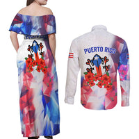 Puerto Rico Couples Matching Off Shoulder Maxi Dress and Long Sleeve Button Shirt with Coqui Frog, Hibiscus Flowers, and Flag Landmark Design - Wonder Print Shop