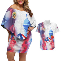 Puerto Rico Couples Matching Off Shoulder Short Dress and Hawaiian Shirt with Coqui Frog, Hibiscus Flowers, and Flag Landmark Design - Wonder Print Shop