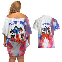 Puerto Rico Couples Matching Off Shoulder Short Dress and Hawaiian Shirt with Coqui Frog, Hibiscus Flowers, and Flag Landmark Design - Wonder Print Shop