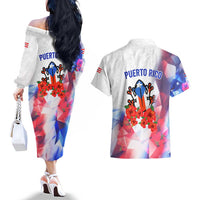 Puerto Rico Couples Matching Off The Shoulder Long Sleeve Dress and Hawaiian Shirt with Coqui Frog, Hibiscus Flowers, and Flag Landmark Design - Wonder Print Shop