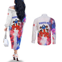 Puerto Rico Couples Matching Off The Shoulder Long Sleeve Dress and Long Sleeve Button Shirt with Coqui Frog, Hibiscus Flowers, and Flag Landmark Design - Wonder Print Shop