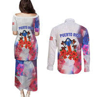Puerto Rico Couples Matching Puletasi and Long Sleeve Button Shirt with Coqui Frog, Hibiscus Flowers, and Flag Landmark Design - Wonder Print Shop
