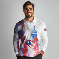 Puerto Rico Long Sleeve Polo Shirt with Coqui Frog, Hibiscus Flowers, and Flag Landmark Design - Wonder Print Shop