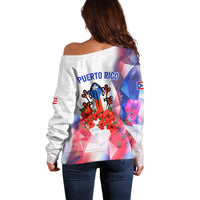 Puerto Rico Off Shoulder Sweater with Coqui Frog, Hibiscus Flowers, and Flag Landmark Design - Wonder Print Shop