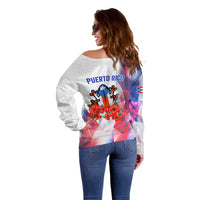 Puerto Rico Off Shoulder Sweater with Coqui Frog, Hibiscus Flowers, and Flag Landmark Design - Wonder Print Shop
