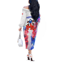 Puerto Rico Off The Shoulder Long Sleeve Dress with Coqui Frog, Hibiscus Flowers, and Flag Landmark Design - Wonder Print Shop