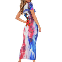 Puerto Rico Short Sleeve Bodycon Dress with Coqui Frog, Hibiscus Flowers, and Flag Landmark Design - Wonder Print Shop