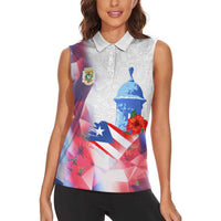 Puerto Rico Women Sleeveless Polo Shirt with Coqui Frog, Hibiscus Flowers, and Flag Landmark Design - Wonder Print Shop