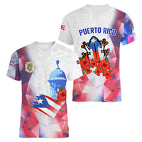 Puerto Rico Women V-Neck T-Shirt with Coqui Frog, Hibiscus Flowers, and Flag Landmark Design - Wonder Print Shop