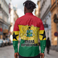 Ghana Republic Day Long Sleeve Button Shirt Ghanaian Pride Flag Colors With Coat Of Arms And Black Star