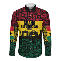 Personalized Ghana Republic Day Long Sleeve Button Shirt Adinkra Pattern Heritage Silhouette African Culture Art