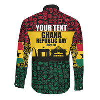 Personalized Ghana Republic Day Long Sleeve Button Shirt Adinkra Pattern Heritage Silhouette African Culture Art