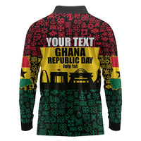 Personalized Ghana Republic Day Long Sleeve Polo Shirt Adinkra Pattern Heritage Silhouette African Culture Art