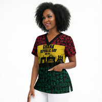 Personalized Ghana Republic Day Scrub Top Adinkra Pattern Heritage Silhouette African Culture Art