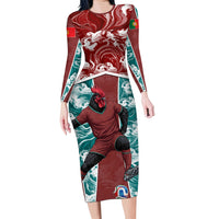 Portugal Football Long Sleeve Bodycon Dress Selecao das Quinas Rooster Mascot Ornate Marble Swirl