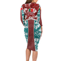 Portugal Football Long Sleeve Bodycon Dress Selecao das Quinas Rooster Mascot Ornate Marble Swirl