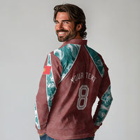 Personalized Portugal Football Long Sleeve Polo Shirt Selecao das Quinas Rooster Mascot Ornate Marble Swirl