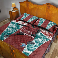 Portugal Football Quilt Bed Set Selecao das Quinas Rooster Mascot Ornate Marble Swirl