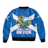 Scotland Bomber Jacket with Blue Saltire Flag with Thistle Flowers Highland Landscape and Land of Thistle and Stone - Wonder Print Shop