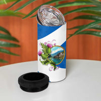 Scotland 4 in 1 Can Cooler Tumbler with Blue Saltire Flag with Thistle Flowers Highland Landscape and Land of Thistle and Stone - Wonder Print Shop