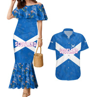 Scotland Couples Matching Mermaid Dress and Hawaiian Shirt with Blue Saltire Flag with Thistle Flowers Highland Landscape and Land of Thistle and Stone - Wonder Print Shop