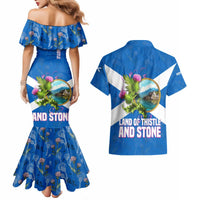 Scotland Couples Matching Mermaid Dress and Hawaiian Shirt with Blue Saltire Flag with Thistle Flowers Highland Landscape and Land of Thistle and Stone - Wonder Print Shop