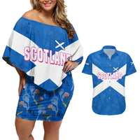 Scotland Couples Matching Off Shoulder Short Dress and Hawaiian Shirt with Blue Saltire Flag with Thistle Flowers Highland Landscape and Land of Thistle and Stone - Wonder Print Shop