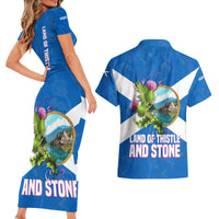 Scotland Couples Matching Short Sleeve Bodycon Dress and Hawaiian Shirt with Blue Saltire Flag with Thistle Flowers Highland Landscape and Land of Thistle and Stone - Wonder Print Shop