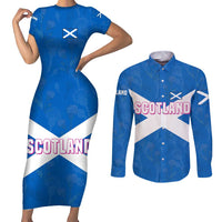 Scotland Couples Matching Short Sleeve Bodycon Dress and Long Sleeve Button Shirt with Blue Saltire Flag with Thistle Flowers Highland Landscape and Land of Thistle and Stone - Wonder Print Shop