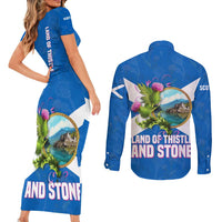 Scotland Couples Matching Short Sleeve Bodycon Dress and Long Sleeve Button Shirt with Blue Saltire Flag with Thistle Flowers Highland Landscape and Land of Thistle and Stone - Wonder Print Shop