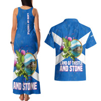 Scotland Couples Matching Tank Maxi Dress and Hawaiian Shirt with Blue Saltire Flag with Thistle Flowers Highland Landscape and Land of Thistle and Stone - Wonder Print Shop