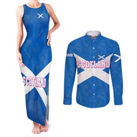 Scotland Couples Matching Tank Maxi Dress and Long Sleeve Button Shirt with Blue Saltire Flag with Thistle Flowers Highland Landscape and Land of Thistle and Stone - Wonder Print Shop