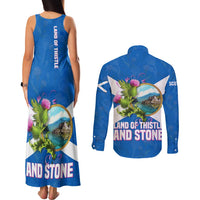 Scotland Couples Matching Tank Maxi Dress and Long Sleeve Button Shirt with Blue Saltire Flag with Thistle Flowers Highland Landscape and Land of Thistle and Stone - Wonder Print Shop