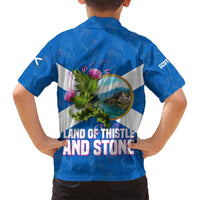 Scotland Family Matching Long Sleeve Bodycon Dress and Hawaiian Shirt with Blue Saltire Flag with Thistle Flowers Highland Landscape and Land of Thistle and Stone - Wonder Print Shop