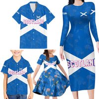 Scotland Family Matching Long Sleeve Bodycon Dress and Hawaiian Shirt with Blue Saltire Flag with Thistle Flowers Highland Landscape and Land of Thistle and Stone - Wonder Print Shop