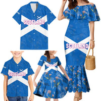 Scotland Family Matching Mermaid Dress and Hawaiian Shirt with Blue Saltire Flag with Thistle Flowers Highland Landscape and Land of Thistle and Stone - Wonder Print Shop