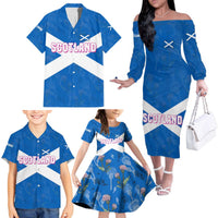 Scotland Family Matching Off The Shoulder Long Sleeve Dress and Hawaiian Shirt with Blue Saltire Flag with Thistle Flowers Highland Landscape and Land of Thistle and Stone - Wonder Print Shop