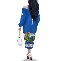 Scotland Family Matching Off The Shoulder Long Sleeve Dress and Hawaiian Shirt with Blue Saltire Flag with Thistle Flowers Highland Landscape and Land of Thistle and Stone - Wonder Print Shop