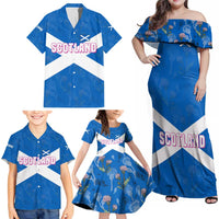 Scotland Family Matching Off Shoulder Maxi Dress and Hawaiian Shirt with Blue Saltire Flag with Thistle Flowers Highland Landscape and Land of Thistle and Stone - Wonder Print Shop