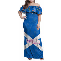 Scotland Family Matching Off Shoulder Maxi Dress and Hawaiian Shirt with Blue Saltire Flag with Thistle Flowers Highland Landscape and Land of Thistle and Stone - Wonder Print Shop