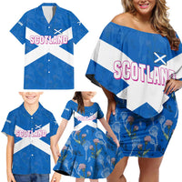Scotland Family Matching Off Shoulder Short Dress and Hawaiian Shirt with Blue Saltire Flag with Thistle Flowers Highland Landscape and Land of Thistle and Stone - Wonder Print Shop