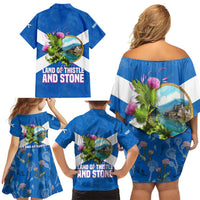 Scotland Family Matching Off Shoulder Short Dress and Hawaiian Shirt with Blue Saltire Flag with Thistle Flowers Highland Landscape and Land of Thistle and Stone - Wonder Print Shop