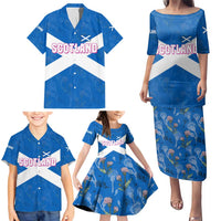 Scotland Family Matching Puletasi and Hawaiian Shirt with Blue Saltire Flag with Thistle Flowers Highland Landscape and Land of Thistle and Stone - Wonder Print Shop