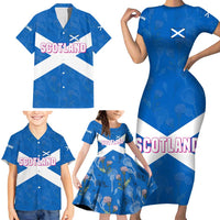Scotland Family Matching Short Sleeve Bodycon Dress and Hawaiian Shirt with Blue Saltire Flag with Thistle Flowers Highland Landscape and Land of Thistle and Stone - Wonder Print Shop