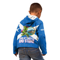 Scotland Kid Hoodie with Blue Saltire Flag with Thistle Flowers Highland Landscape and Land of Thistle and Stone - Wonder Print Shop