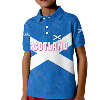 Scotland Kid Polo Shirt with Blue Saltire Flag with Thistle Flowers Highland Landscape and Land of Thistle and Stone - Wonder Print Shop