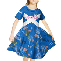 Scotland Kid Short Sleeve Dress with Blue Saltire Flag with Thistle Flowers Highland Landscape and Land of Thistle and Stone - Wonder Print Shop