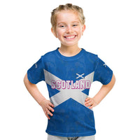Scotland Kid T Shirt with Blue Saltire Flag with Thistle Flowers Highland Landscape and Land of Thistle and Stone - Wonder Print Shop