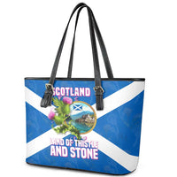 Scotland Leather Tote Bag with Blue Saltire Flag with Thistle Flowers Highland Landscape and Land of Thistle and Stone - Wonder Print Shop